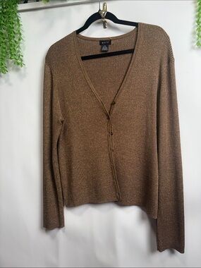 EVIE Brown Metallic V-Neck Button-Up Sweater